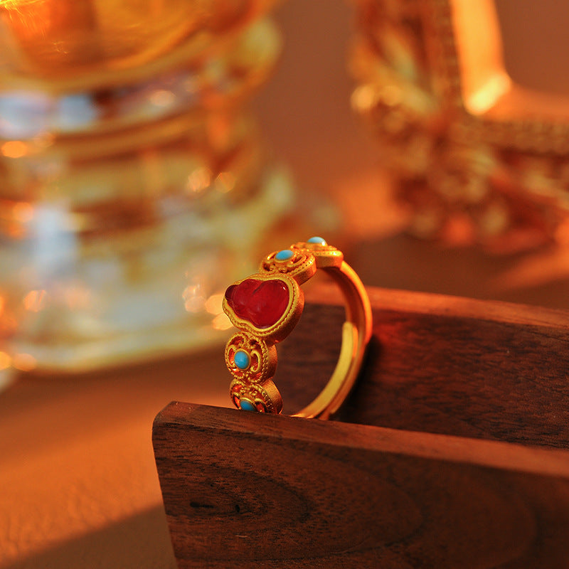 Grape Ice Purple Gourd Ring, Filigree Hollow-Out with Simulated Hetian Jade, New Chinese Style Gold-Tone Ring