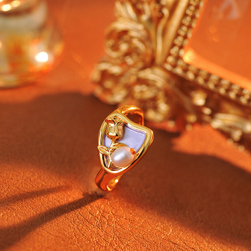 Style Blue Geometric Open Ring, Baroque Simulated Pearl Gold-Plated Art Jewelry