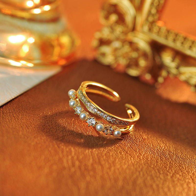 Dual Design Zircon & Simulated Pearl Open Ring, Niche Fashion Light Luxury Index Finger Ring