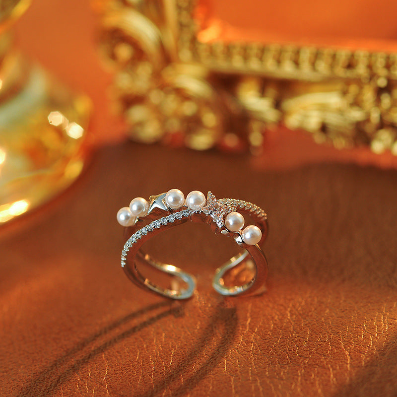 Double Star Simulated Pearl Open Ring,  Adjustable Index Finger Ring for Women