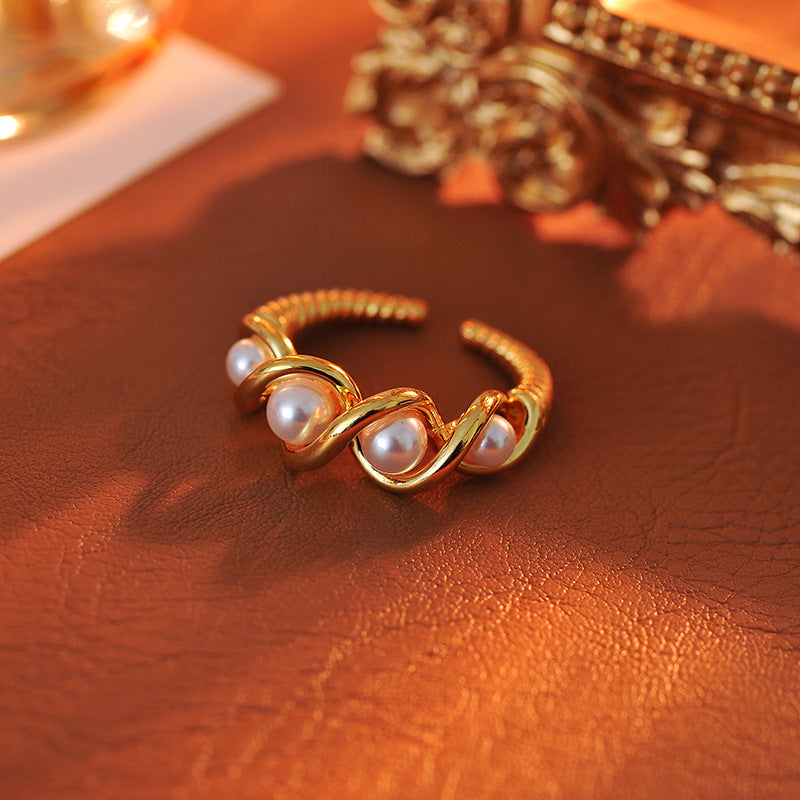 Korean Style Twist Multi-Bead Simulated Pearl Ring, Versatile Stacking Ring for Index Finger