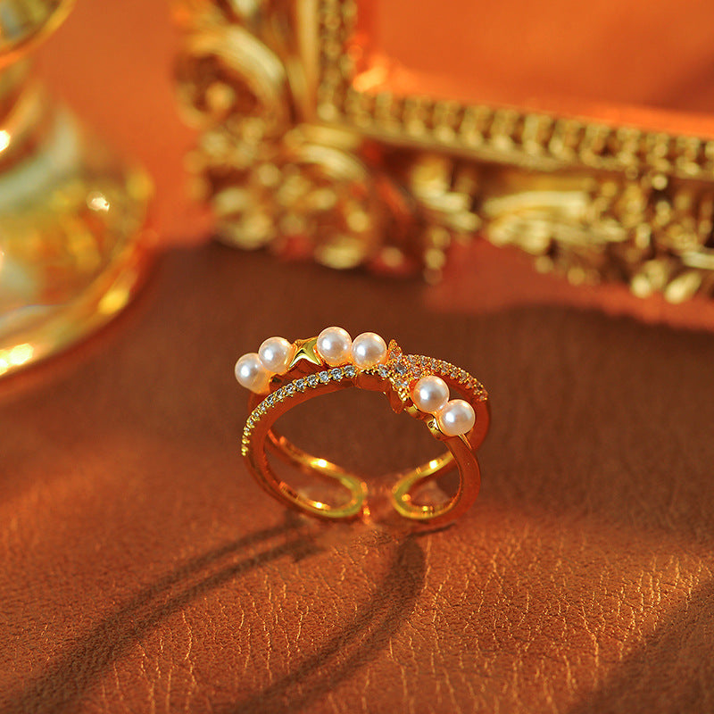 Double Star Simulated Pearl Open Ring,  Adjustable Index Finger Ring for Women