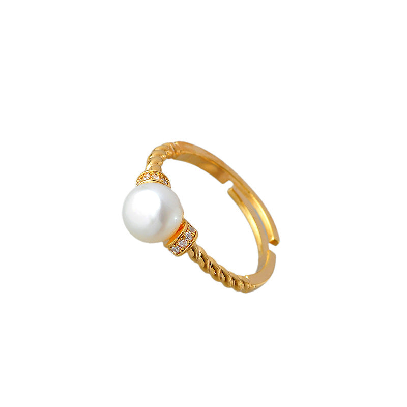 Luxury Micro-Pave French Simulated Pearl Ring, 2025 New Popular Tail Ring for Pinky Finger
