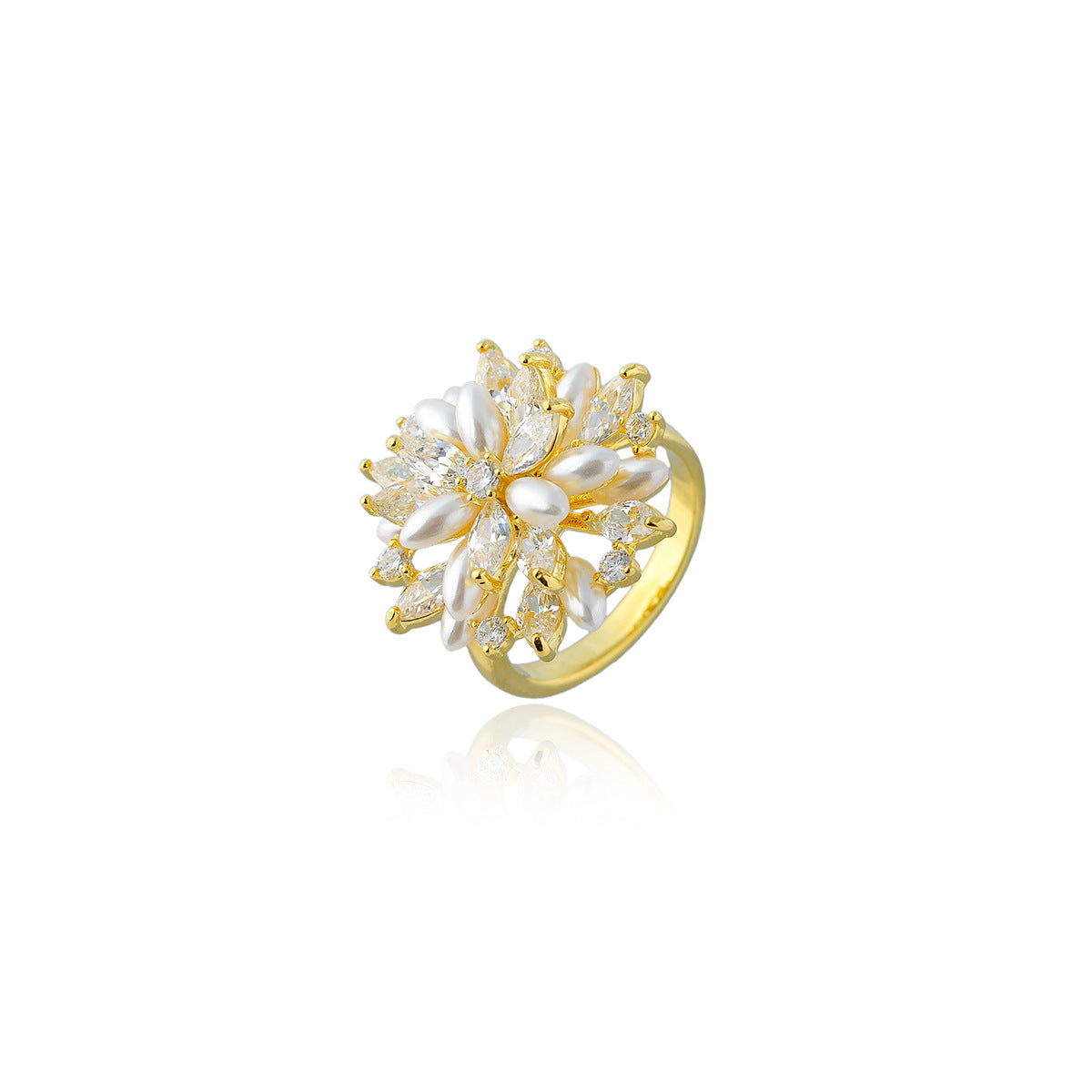 Super flash zircon pearl flower rotating ring opening niche design sense fashion hand jewelry women's tide