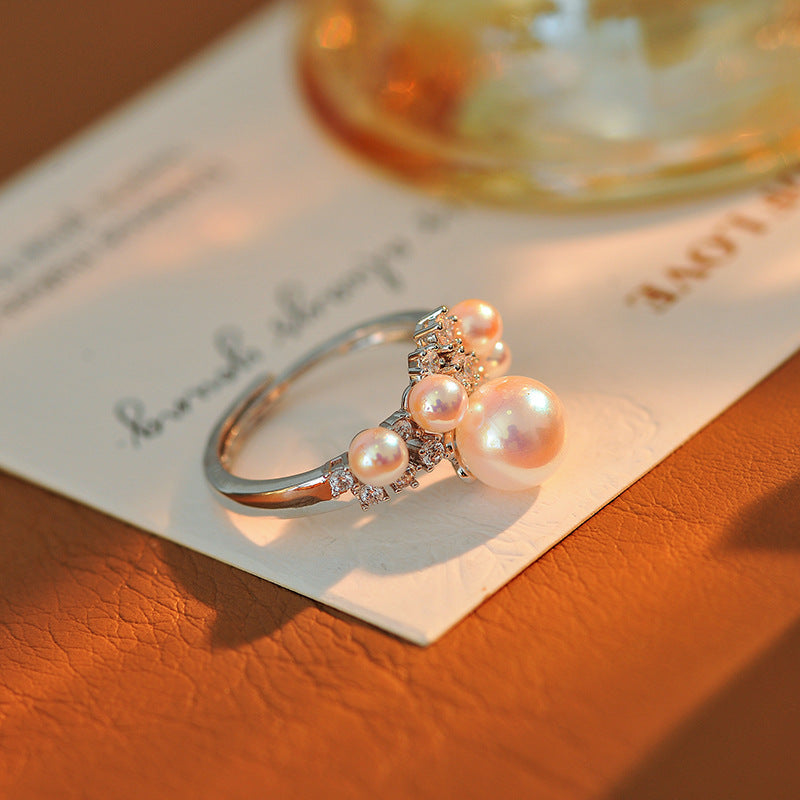 Luxury Micro-Pave French Simulated Pearl Pinky Ring, New Niche Design Tail Ring for Women