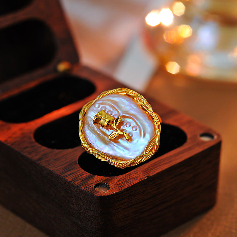 Baroque Simulated Pearl Rose Ring, Fashionable Designer Jewelry for Women