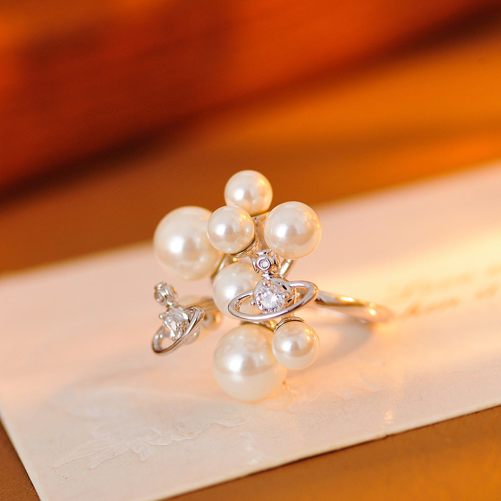 Vivienne Westwood Style Saturn Ring & Earrings Set, Luxury Vintage Simulated Pearl Jewelry