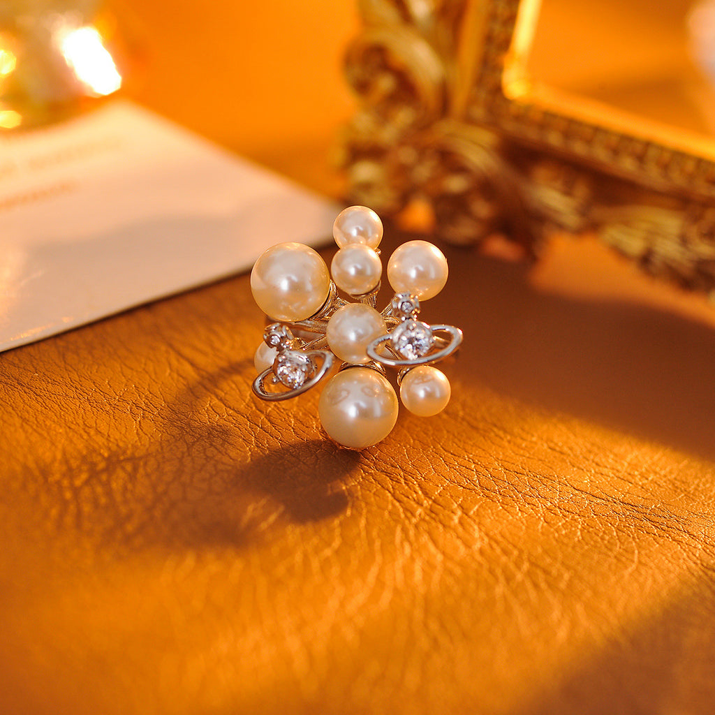 Vivienne Westwood Style Saturn Ring & Earrings Set, Luxury Vintage Simulated Pearl Jewelry