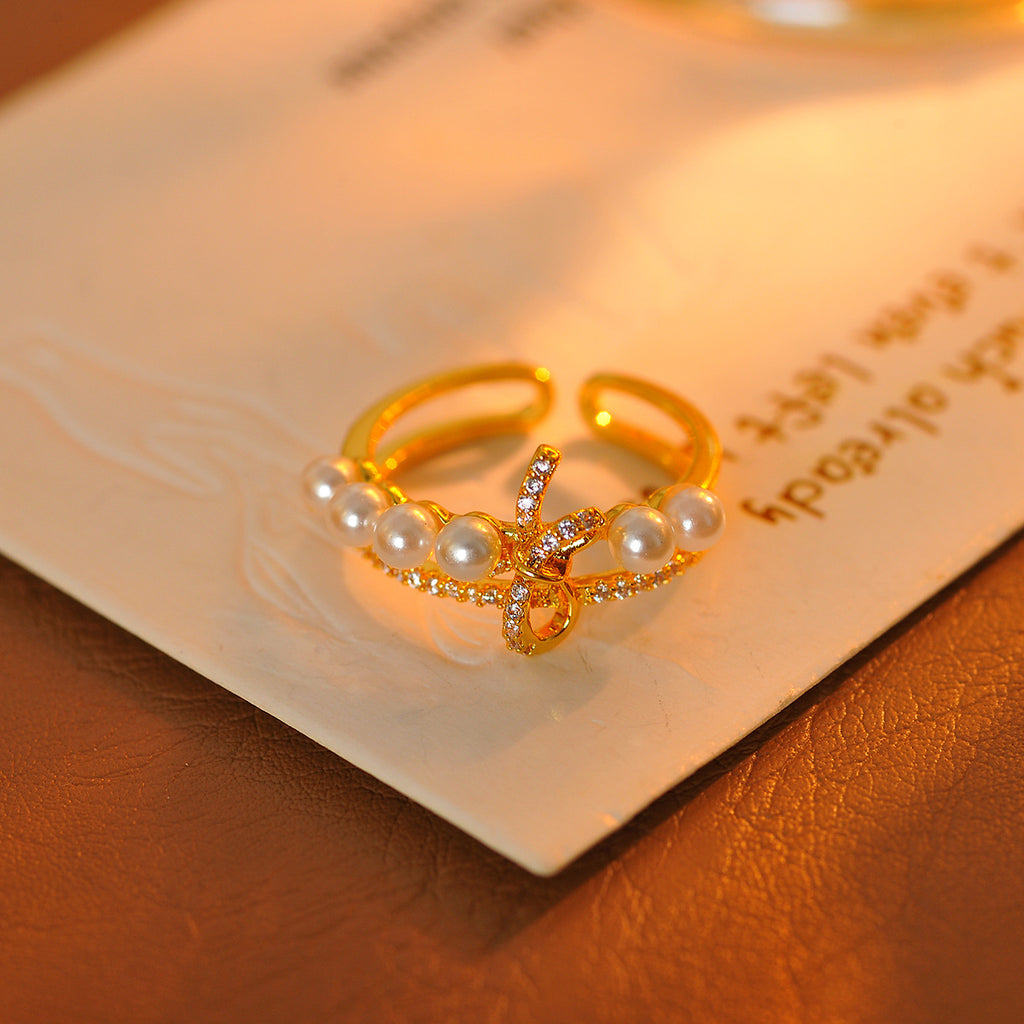 Niche Unique Bow Dreamy Simulated Pearl Ring, Light Luxury High-End New Popular Women's Ring