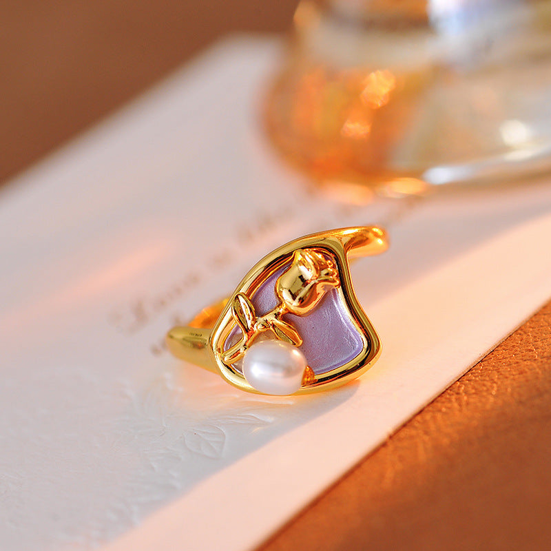 Style Blue Geometric Open Ring, Baroque Simulated Pearl Gold-Plated Art Jewelry