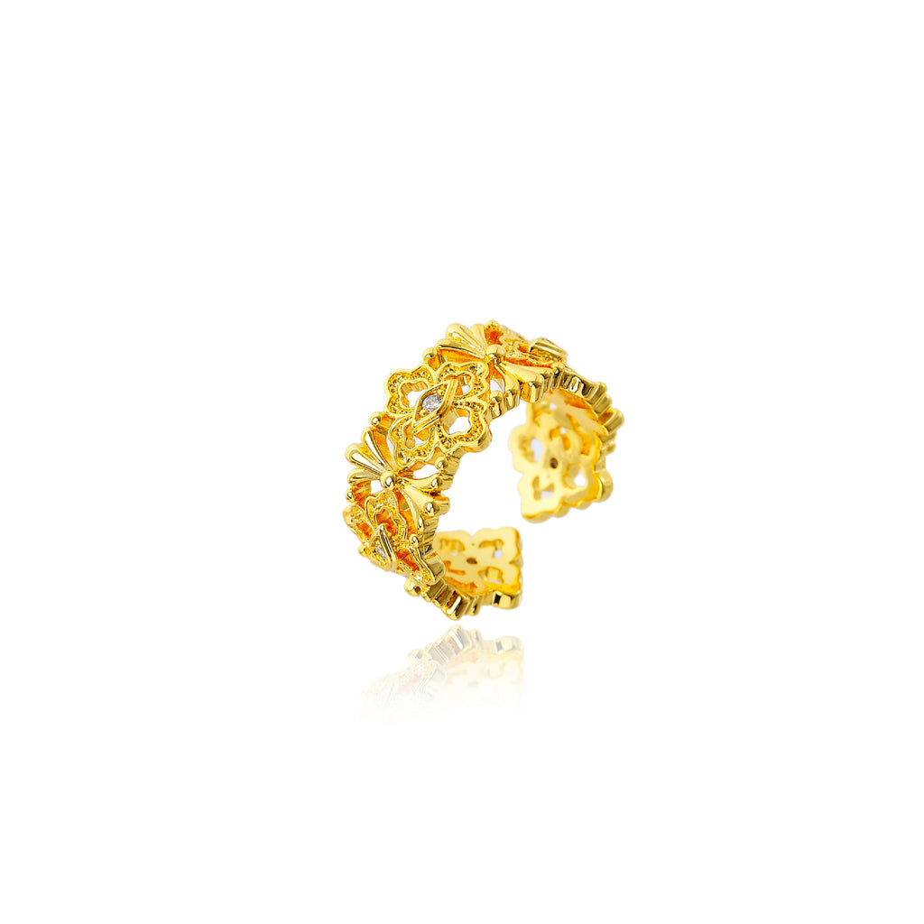 Hollow-Out Floral Open Ring, Adjustable Vintage Band with Luxury Niche Design