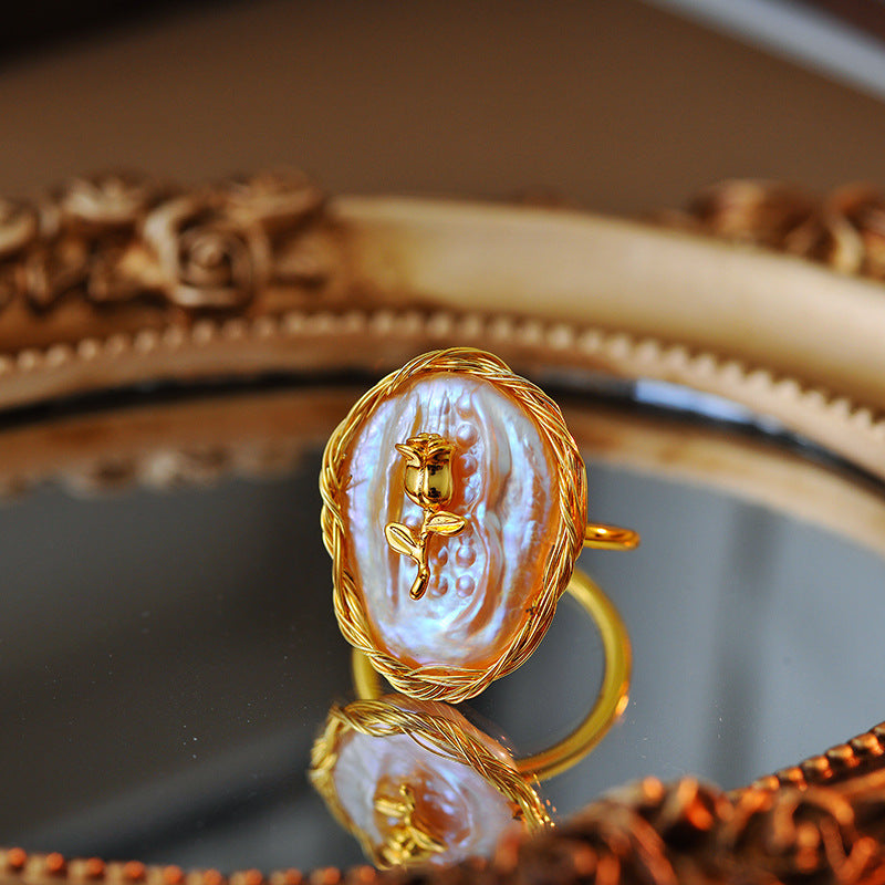 Baroque Simulated Pearl Rose Ring, Fashionable Designer Jewelry for Women