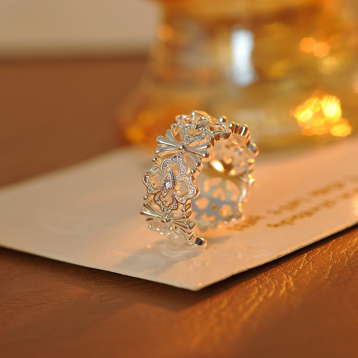Hollow-Out Floral Open Ring, Adjustable Vintage Band with Luxury Niche Design