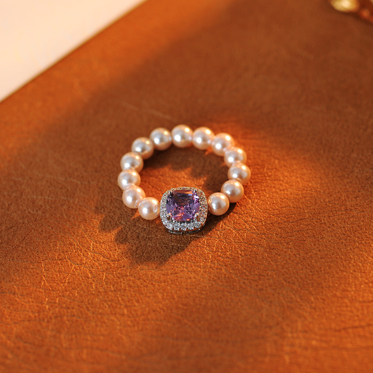 Korean INS Style Zircon & Simulated Pearl Elastic Ring, Niche Light Luxury Women's Jewelry