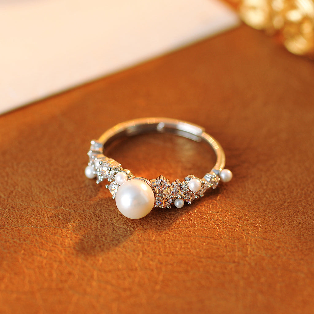 European and American light luxury full zirconium pearl ring niche high-end cold wind adjustable personality temperament ring