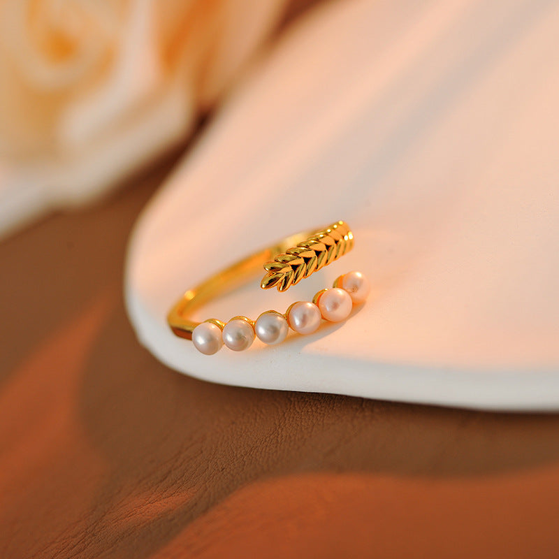 Wheat Ears Simulated Pearl Open Ring, Light Luxury Niche Design Cold Aesthetic Index Finger Ring