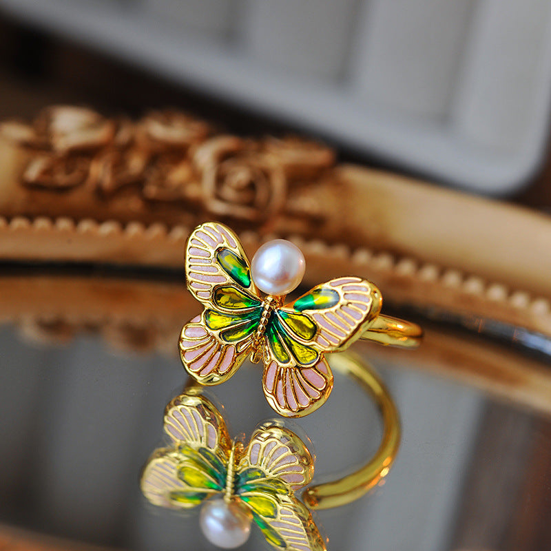 Falang color super fairy niche design Mori butterfly exquisite baroque pearl ring simple A10249