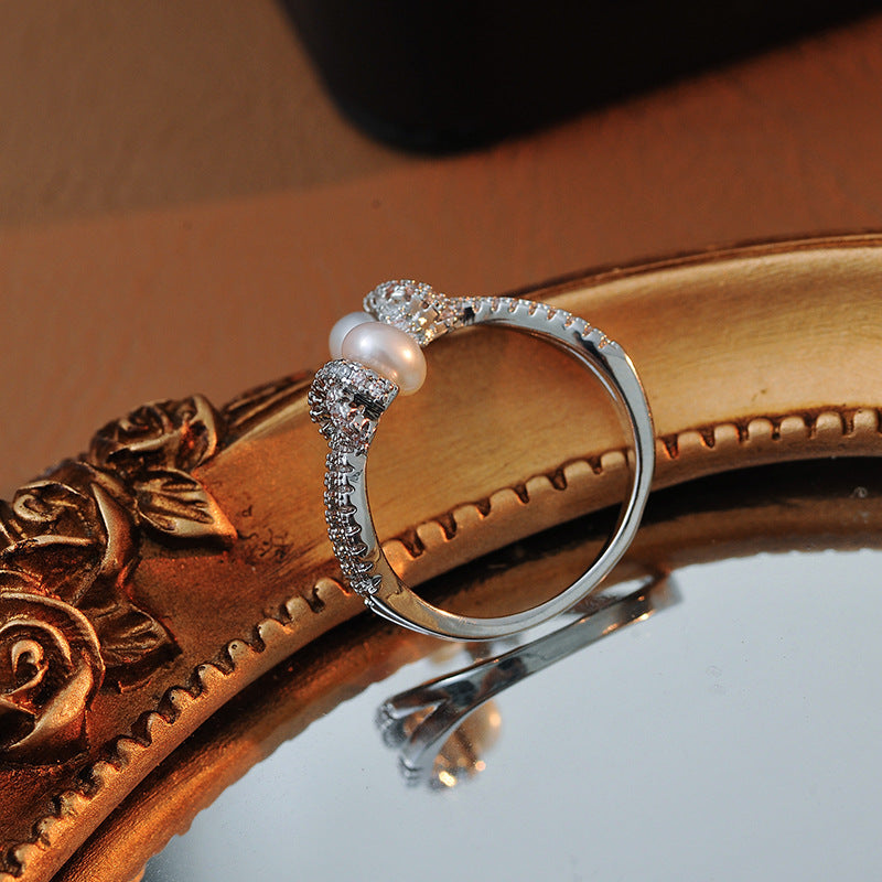 Chanel-style Knot Simulated Pearl Ring, 2024 New Micro-Pave Zirconia Index Finger Open Ring
