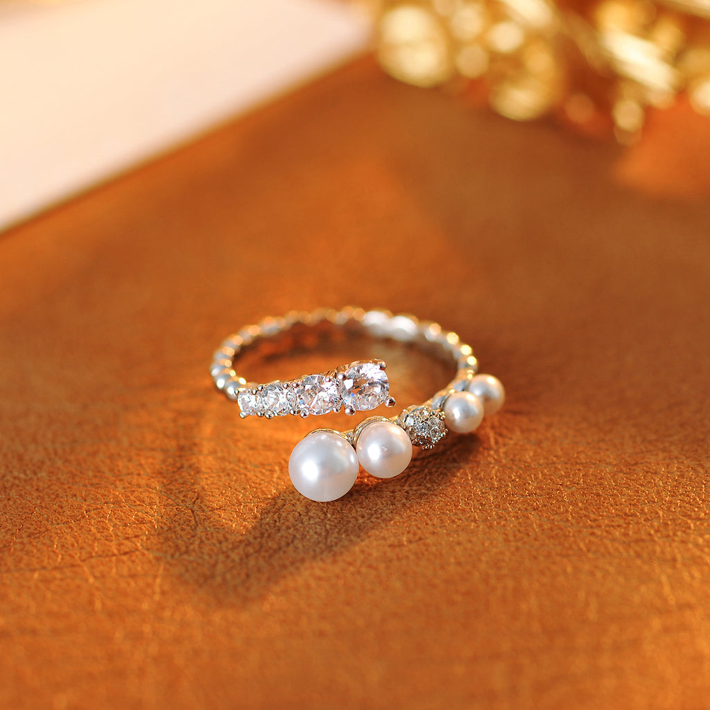 Minimalist Aesthetic Adjustable Simulated Pearl Zircon Ring, Small Luxury Index Finger Statement Ring