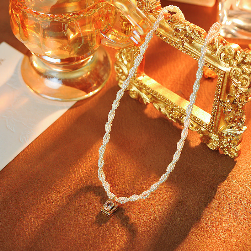 Double Layer Stacked Xiaomi Pearl Small Sugar Cube Necklace Collarbone Chain Light Luxury Niche New Hot-Selling Pendant