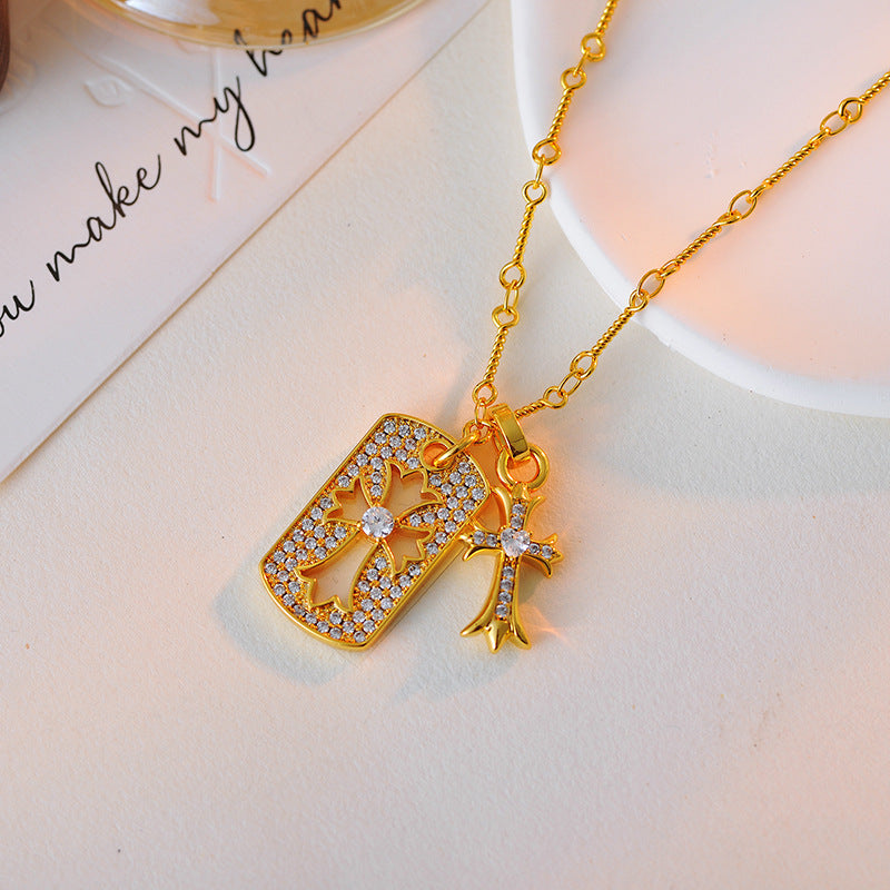 Crowe Full Diamond Double Cross Necklace European and American Trend Retro Inlaid Jewelry Unisex Collarbone Chain