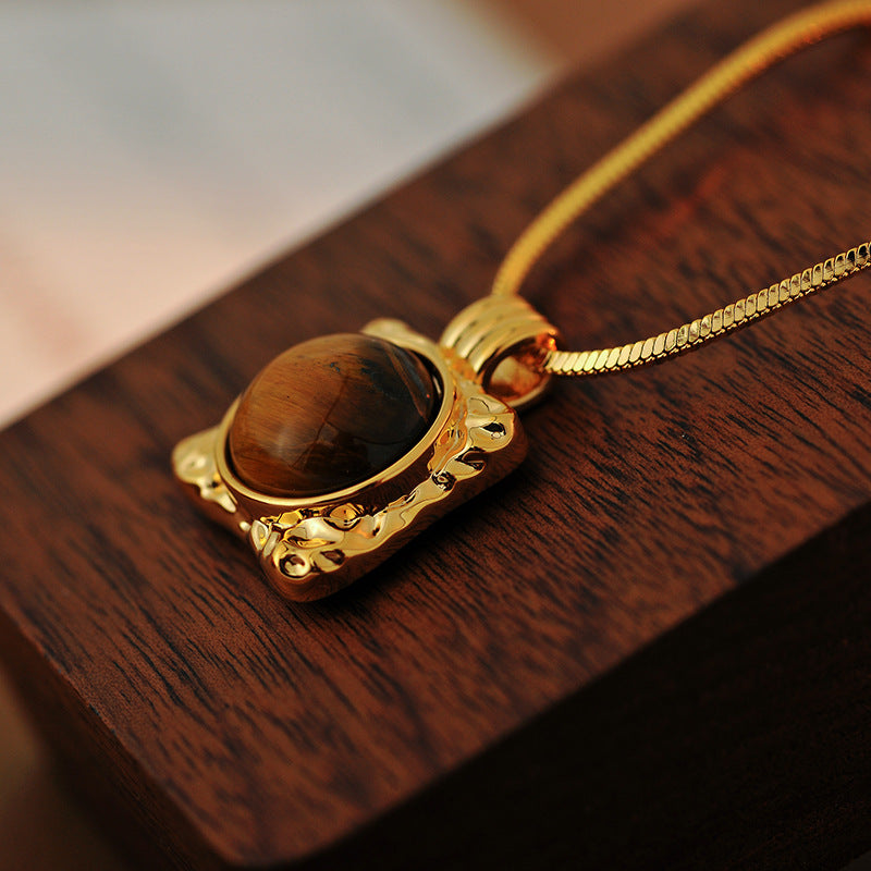 Milad Natural Tiger Eye Stone Necklace Pearl Sweater Chain Light Luxury High-End Feel Autumn Winter Versatile New Hot Item