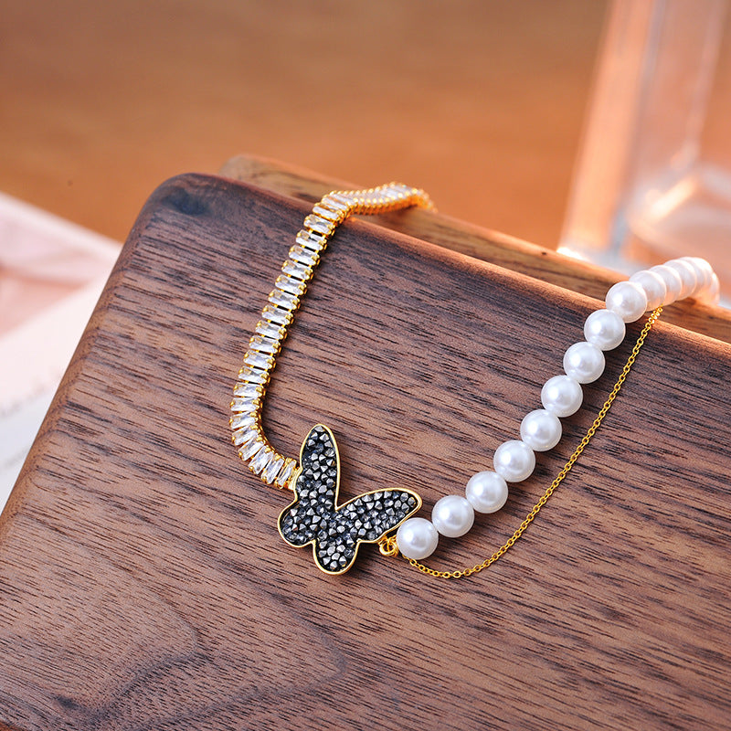 High Version Real Gold Plating Perfect Round Imitation Shijia Pearl Beaded Necklace Copper Inlaid Zircon Butterfly Hollow Necklace