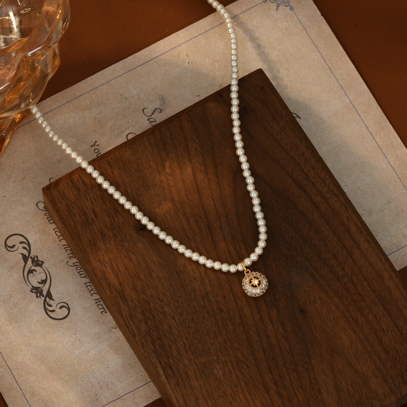 New Year Necklace Light Luxury Elegant Versatile Micro Inlaid Zircon Hollow Eight-Pointed Star Pendant Pearl Necklace for Women