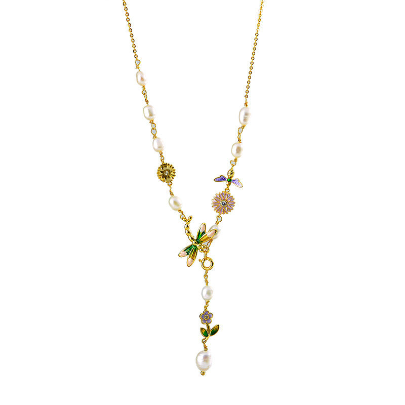 New Chinese Style Natural Pearl Necklace Enamel Painted Dragonfly Flower Artistic National Style Light Luxury Oil Painting Retro Collarbone Chain