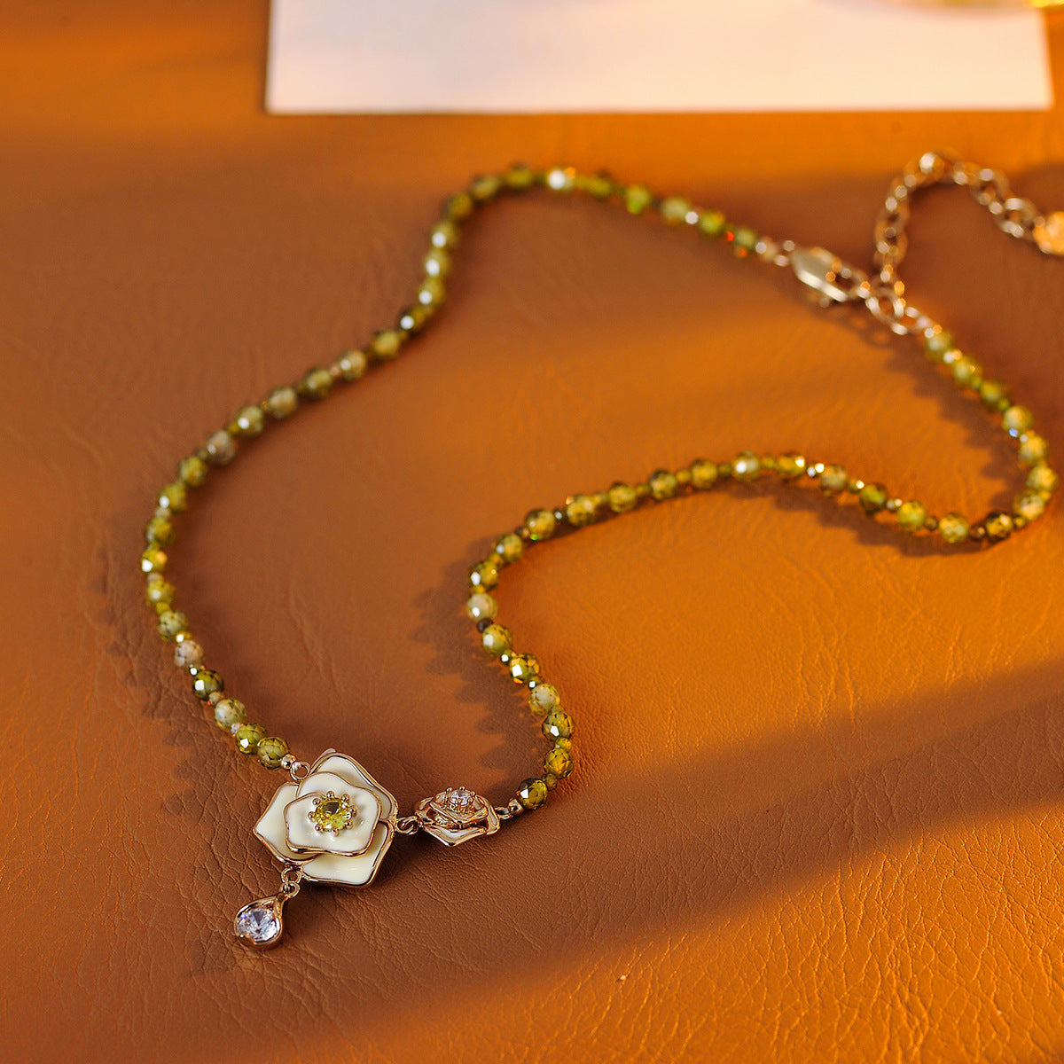 Summer Camellia Rose Raindrop Necklace High-End Light Luxury Niche Sweater Chain Pearl Necklace for Women