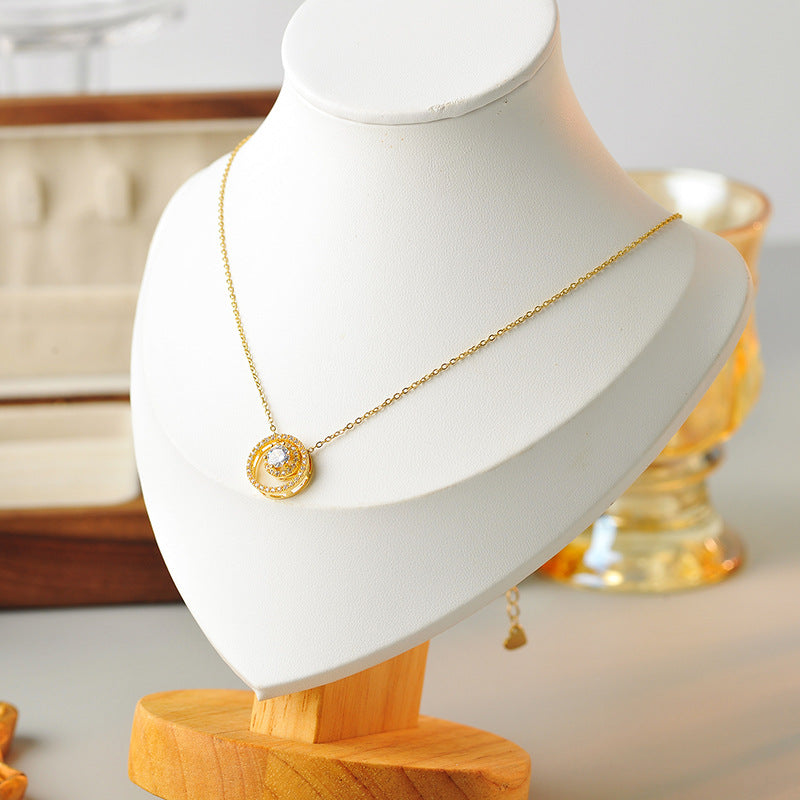 New Copper Plated 18K Gold Necklace Small Zircon Mini Exquisite Vintage Round Pendant Japanese Style Hanging Pendant