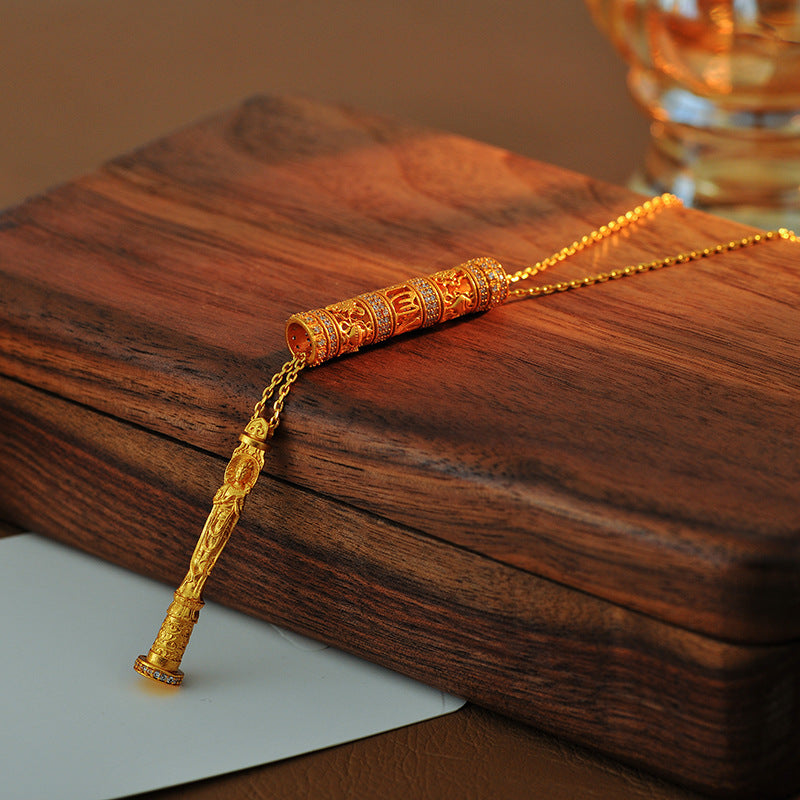 New Chinese Style Ancient Method Hollow Carved Inlaid Cylinder Necklace Eight Styles Portable Gold Buddha Necklace Prayer Wheel for Men and Women Couples