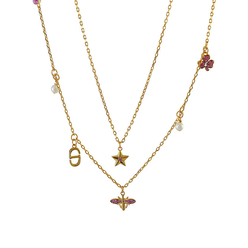High-Quality D Brand New Double-Layer Necklace Niche Light Luxury High-End Feel CD Letter Pearl Star Collarbone Chain Necklace