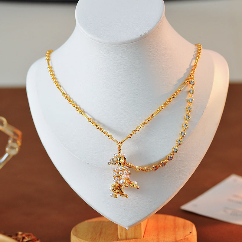 European and American Jewelry Creative Personality Sparkling Diamond Fun Cute Pearl 3D Dog Shape Necklace