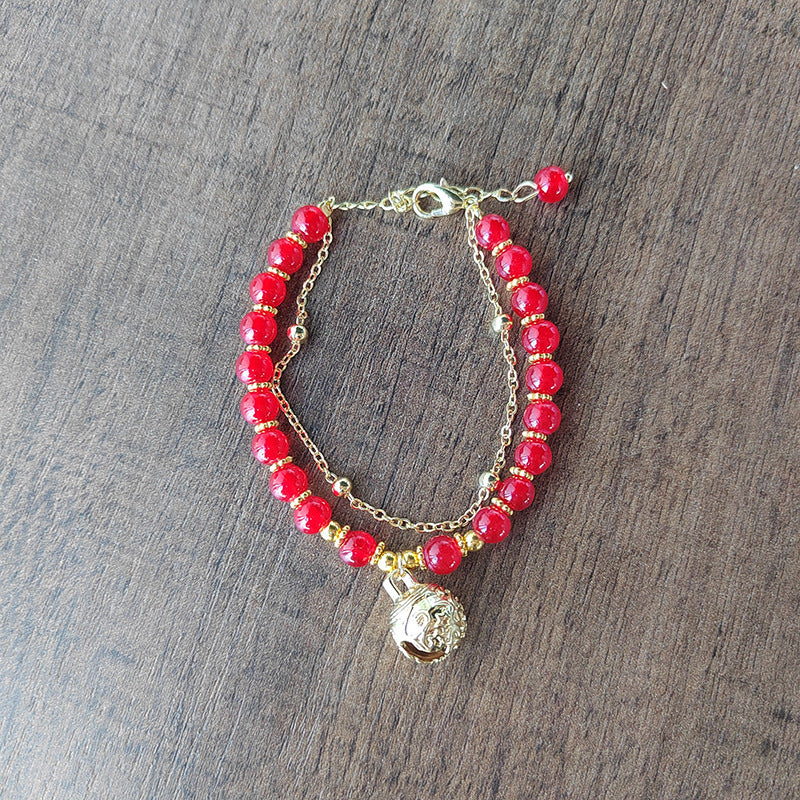 New Chinese Style Red Agate Double Layer Bell Bracelet for Women, Unique Design, Best Friend Layered Bracelet