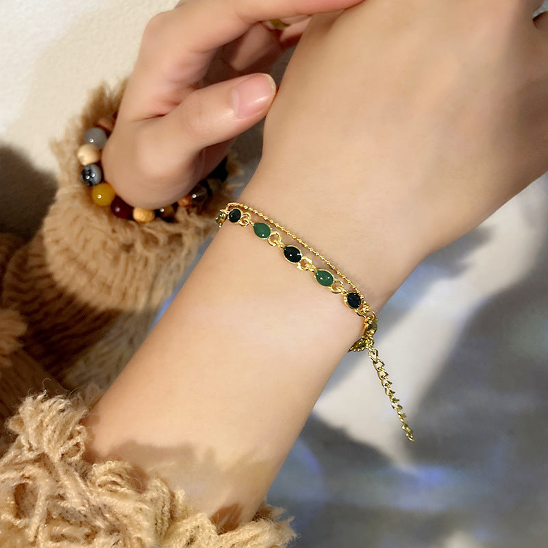 European and American Fashion Green Gemstone Double Layer Bracelet for Women, High-End Summer Niche Personality Versatile Bracelet