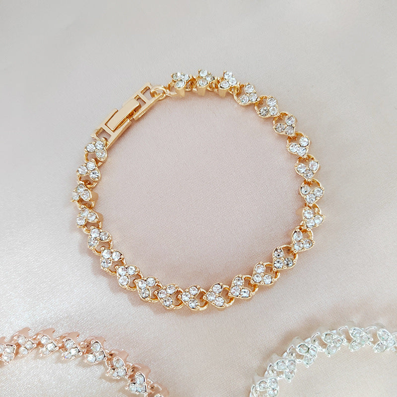 European and American Hot Sale Roman Full Diamond Light Luxury Bracelet for Women Fashion Jewelry Personality High-end Heart-shaped Stone Bracelet