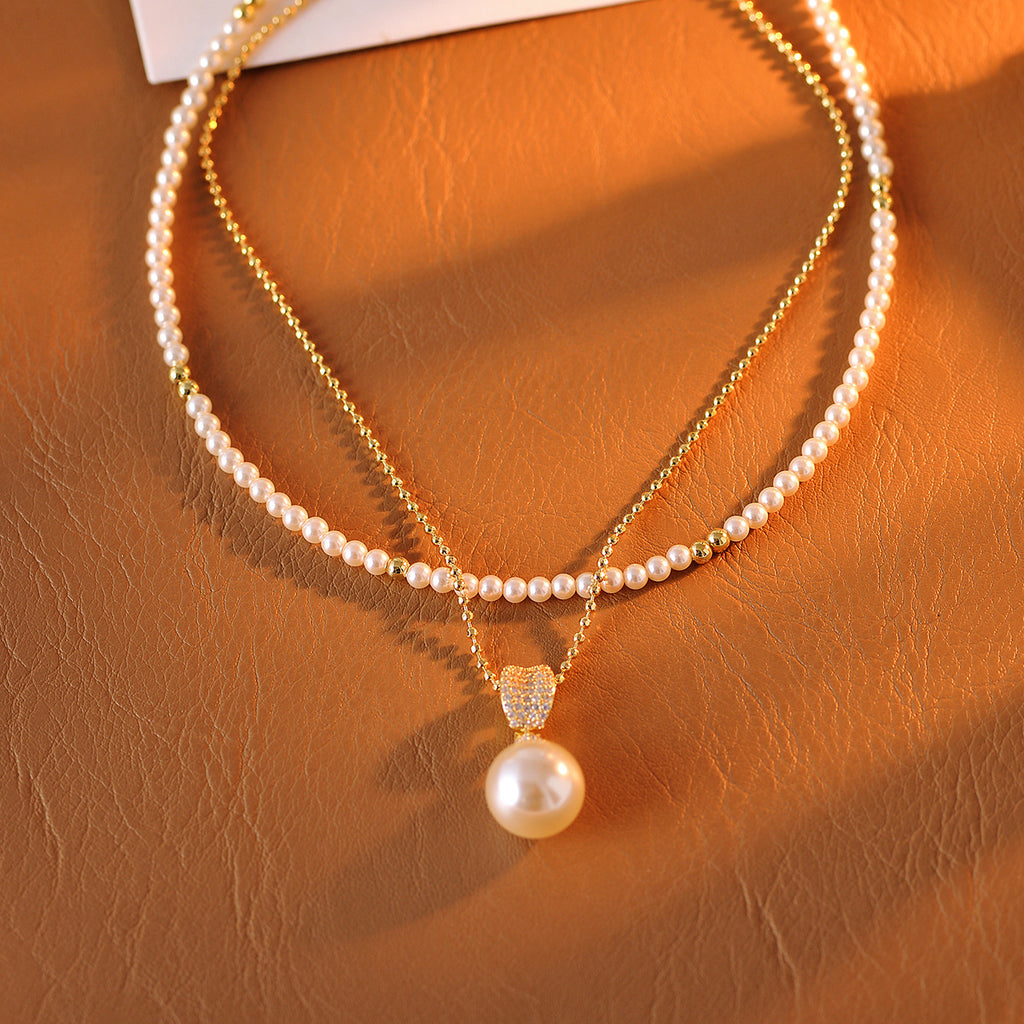 A Two-Way Necklace with Real Gold Plating and Double Layer Pearls, Elegant and Versatile Collarbone Chain