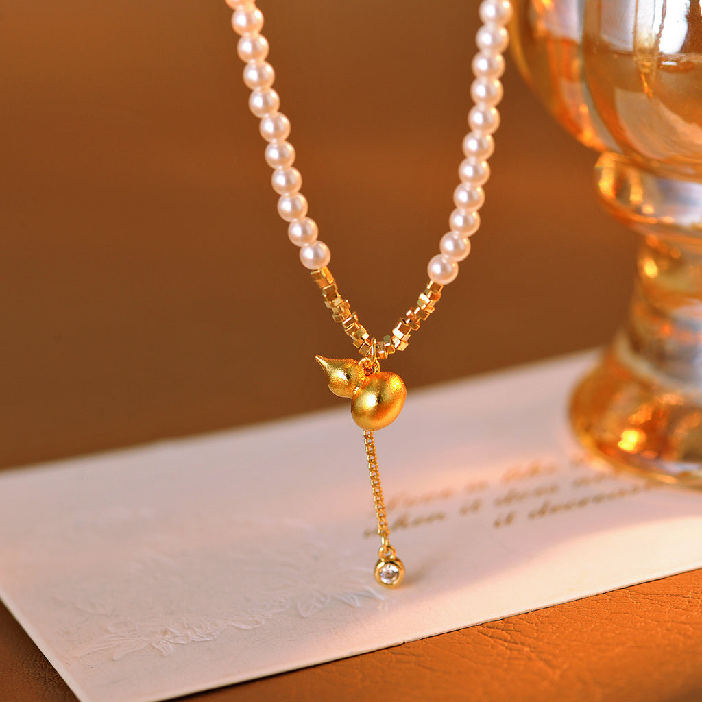 Textured Xiaomi Pearl Gold Gourd Necklace for Women, Niche Design, Light Luxury, Versatile Collarbone Chain