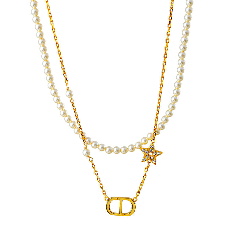 French Retro New Style High-End Letter Full Diamond Star Pearl Necklace for Women Light Luxury Versatile Double Layer Clavicle Chain Trendy
