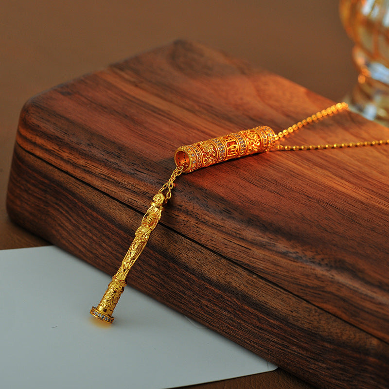 New Chinese Style Ancient Method Hollow Carved Inlaid Cylinder Necklace Eight Styles Portable Gold Buddha Necklace Prayer Wheel for Men and Women Couples