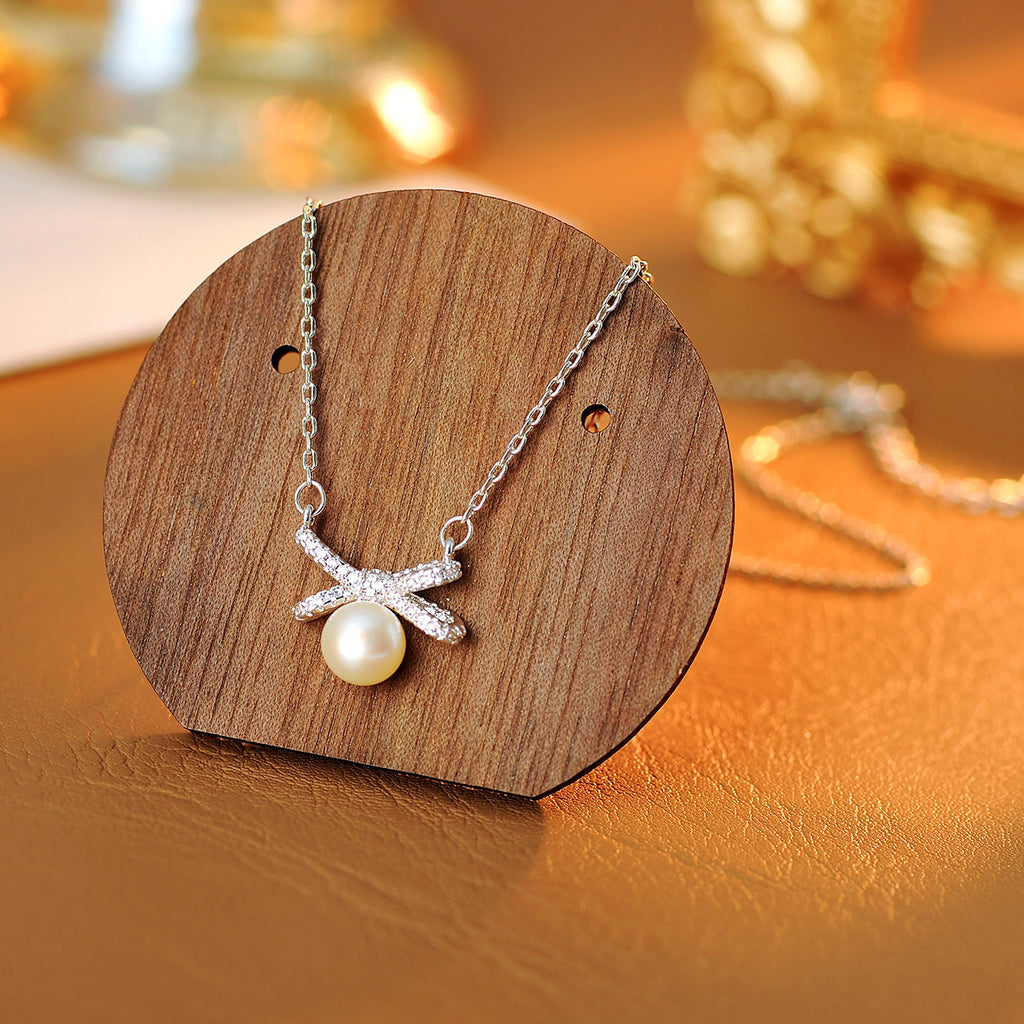 Sweet Full Diamond Bowknot Pearl Necklace for Women, Exquisite Versatile Stylish Collarbone Chain Necklace Jewelry