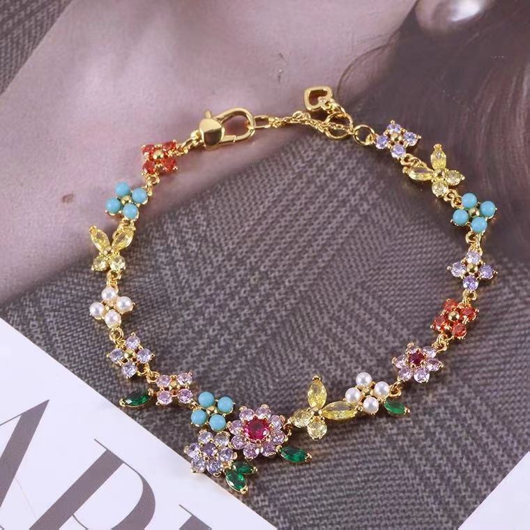 Sweet Romantic Pastoral Colorful Diamond Flower Butterfly Cluster Fresh Girl Temperament Necklace Bracelet Bangle