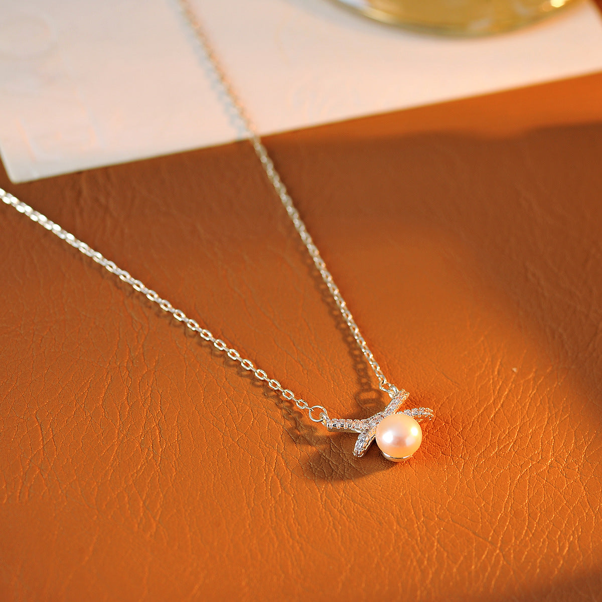 Sweet Full Diamond Bowknot Pearl Necklace for Women, Exquisite Versatile Stylish Collarbone Chain Necklace Jewelry