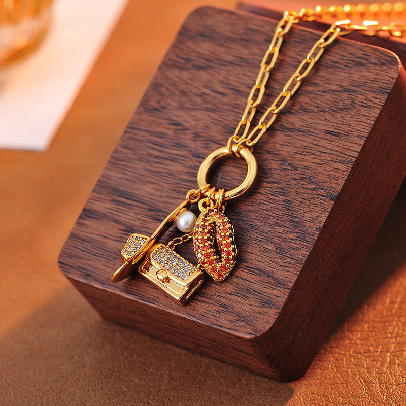 Sexy Sparkling Diamond Red Lips Cute Earrings 3D Bag Creative High Heels Multi-Drop Necklace Collarbone