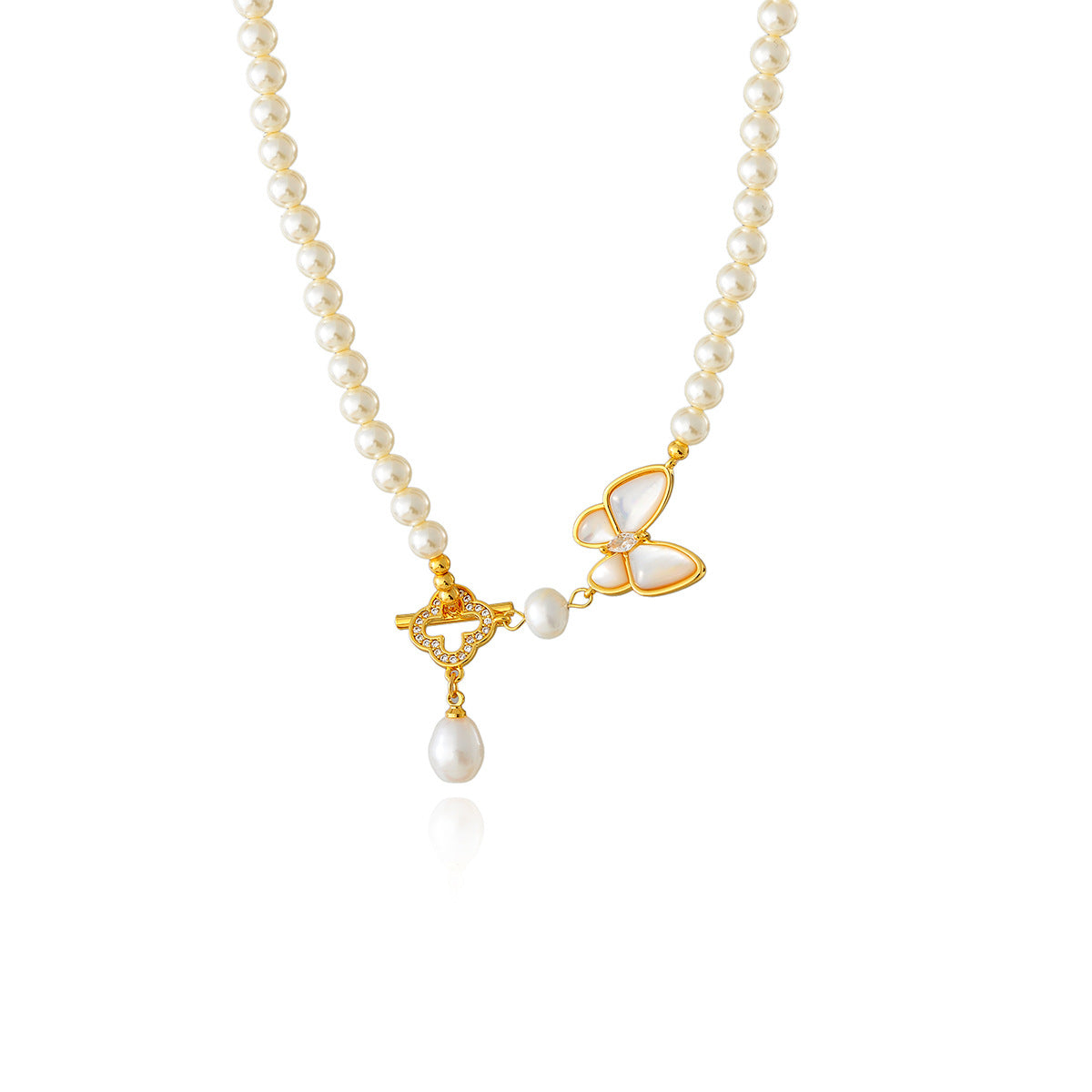 Natural Mother-of-Pearl Butterfly OT Buckle Slimming Pearl Necklace for Women New French Style Versatile Collarbone Chain