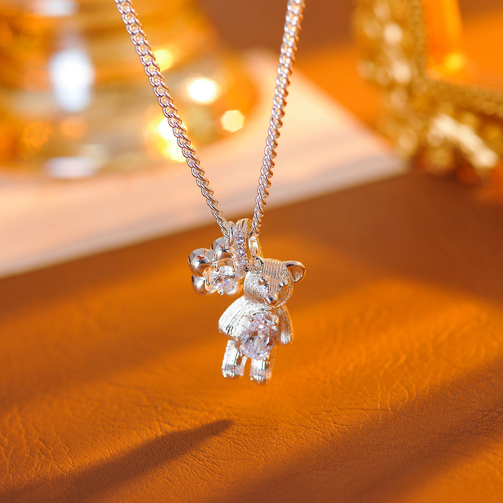 New Silver-Plated Copper Series Sweet Princess Style Geometric Bear Collarbone Chain High-End Light Luxury Necklace