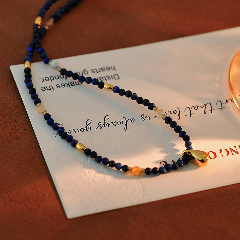 French Retro Natural Stone Beaded Necklace Niche Design Metal Water Drop Shape High-end Versatile Collarbone Chain