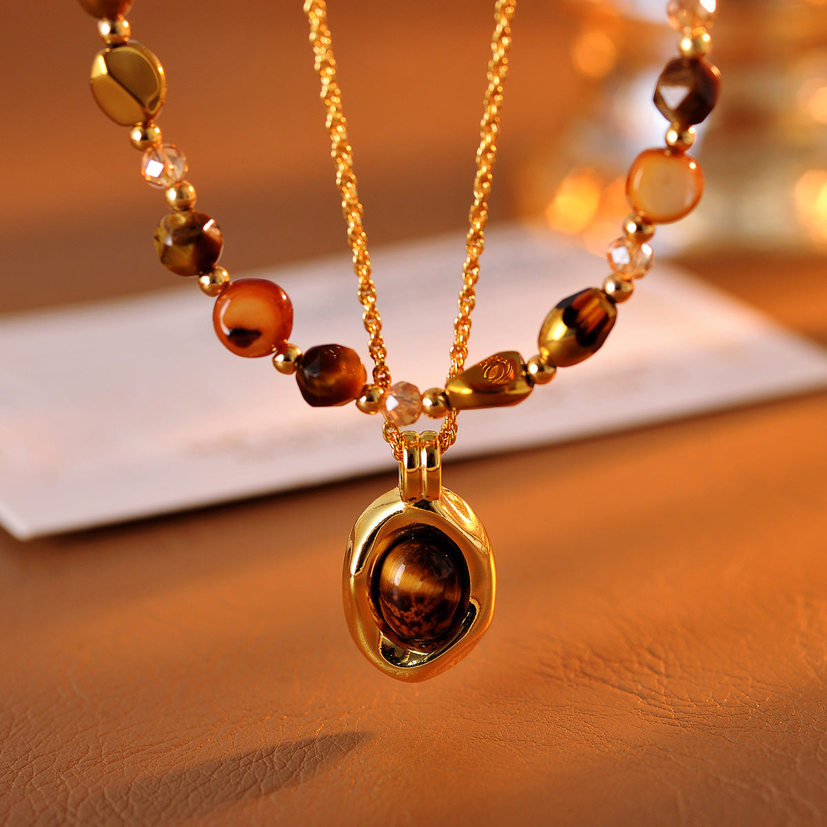 Real Gold Plated Layered Two-Way Necklace Tiger Eye Stone Necklace for Women 2025 New Layered Accessories