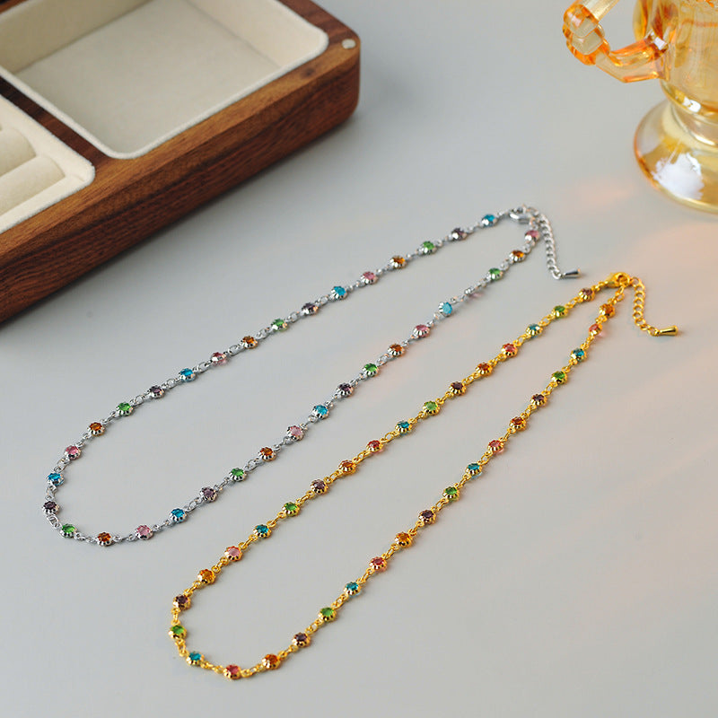 Real Gold Plated Micro Inlaid Zircon Colorful Zircon Elegant Collarbone Chain Women Fashion Design Sense European and American Style Rainbow Necklace